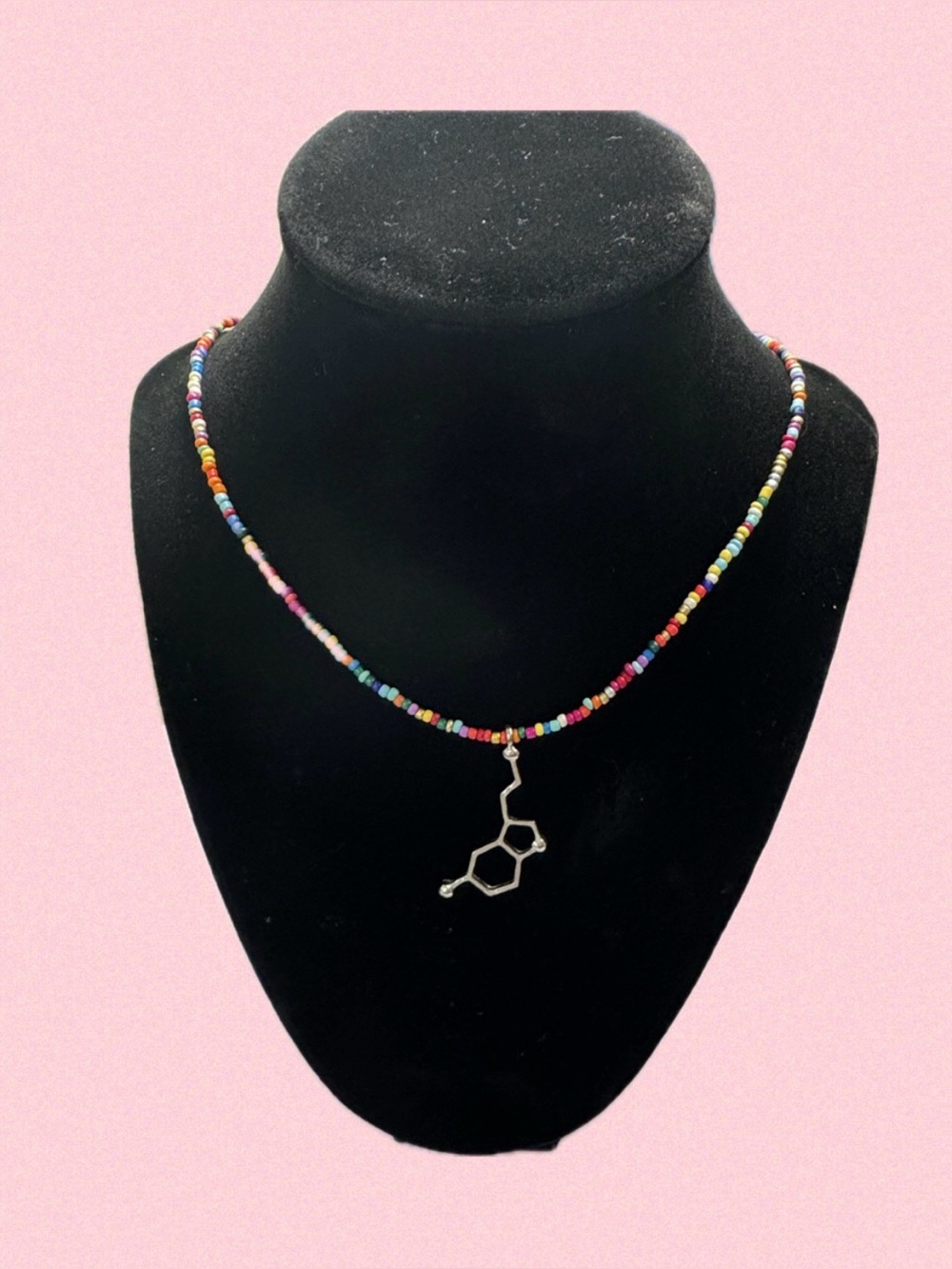 Multicolor Seed Bead Necklace with Silver “Happiness Hormone” Molecule Pendant